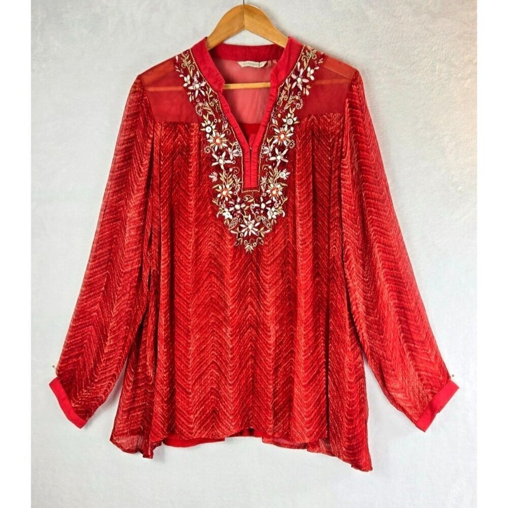 Soft Surroundings Red Chiffon Beaded Yoke Tunic Top Sz L Boho Peasant India